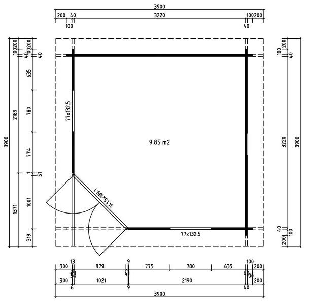 Grundrisszeichnung mit Maßangaben für ein Gartenhaus