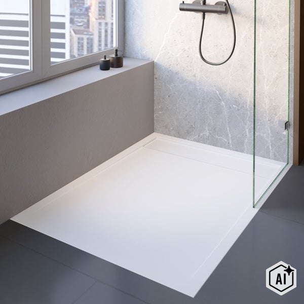 Moderne bodenebene Duschwanne mit Glasduschwand und integrierter Ablaufleiste in einem minimalistisch gestalteten Badezimmer.