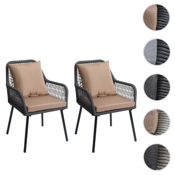 Set aus zwei Gartenstühlen mit Seilgeflecht, Sitz- und Rückenkissen sowie Detailansichten verschiedener Materialkombinationen.