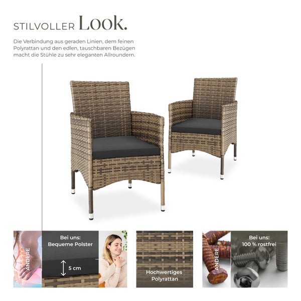 Zwei Rattansessel mit Armlehnen und grauen Sitzkissen