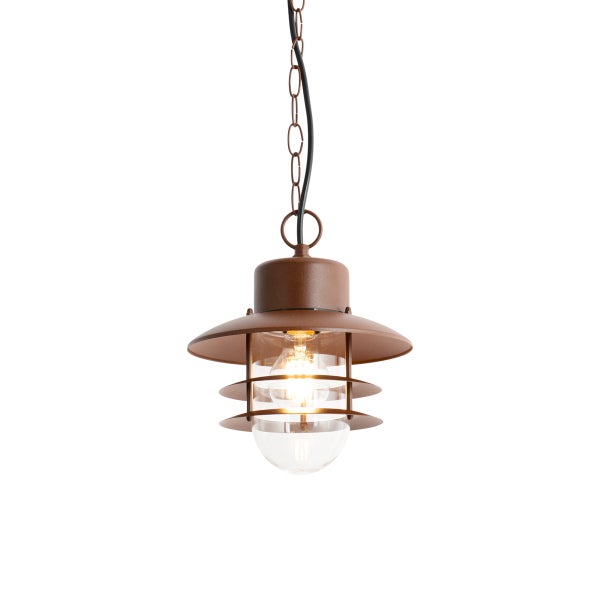 Rostbraune Außenpendelleuchte aus Metall mit Kette und klarem Glas.