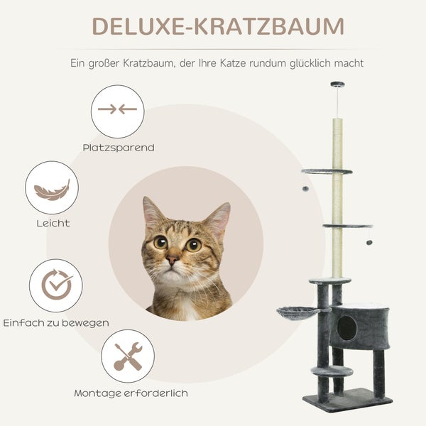 PawHut Kratzbaum Deckenhoch Höhenverstellbar 220-265cm Katzenbaum mit Sisalsäulen, Spielball, Höhenverstellbarer Katzenkratzbaum, Katzen Kletterbaum mit Katzenbett, Katzenhaus, Dunkelgrau
