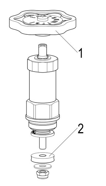 Technische Zeichnung eines Ventiloberteils mit Handrad und Dichtung.