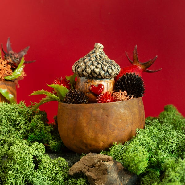 Dekorative Eichel in Holztopf mit Moos und Pflanzen