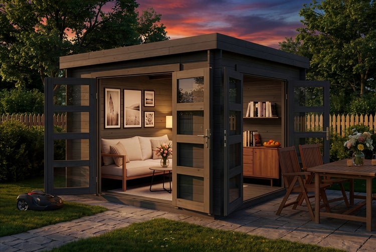 Modernes Gartenhaus aus Holz in Anthrazit mit Flachdach, eingerichtet als Lounge mit Sofa, Glastüren, Terrasse mit Holztisch und Mähroboter.