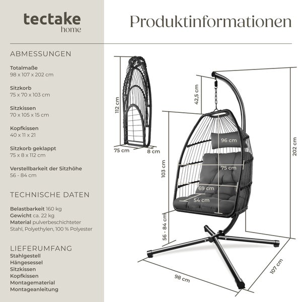 tectake Hängesessel mit Gestell: Zeichnung mit Maßen, Informationen zu Material, Belastbarkeit, Lieferumfang und zusammenklappbarem Korb.