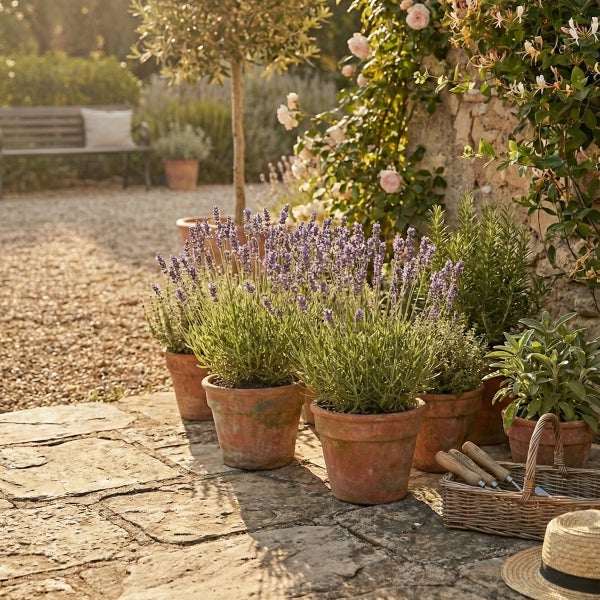 Sonnige Gartenszene mit Lavendel und Kräutern in Terrakottatöpfen auf einer Steinterrasse neben einem Korb mit Gartenwerkzeugen und einem Strohhut.