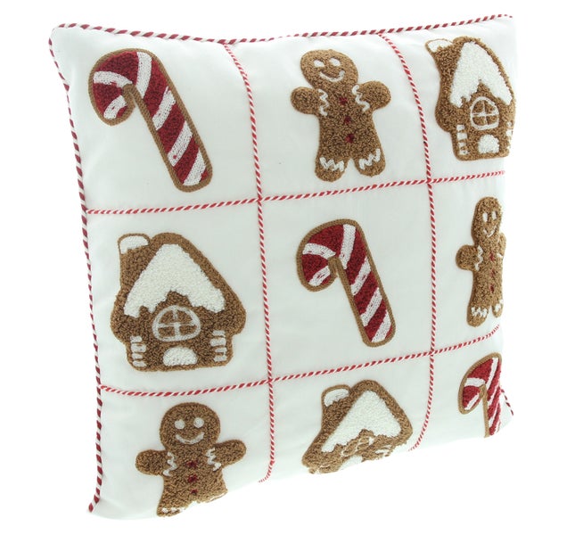 Dekokissen mit Lebkuchenmann-, Zuckerstangen- und Lebkuchenhausmotiven
