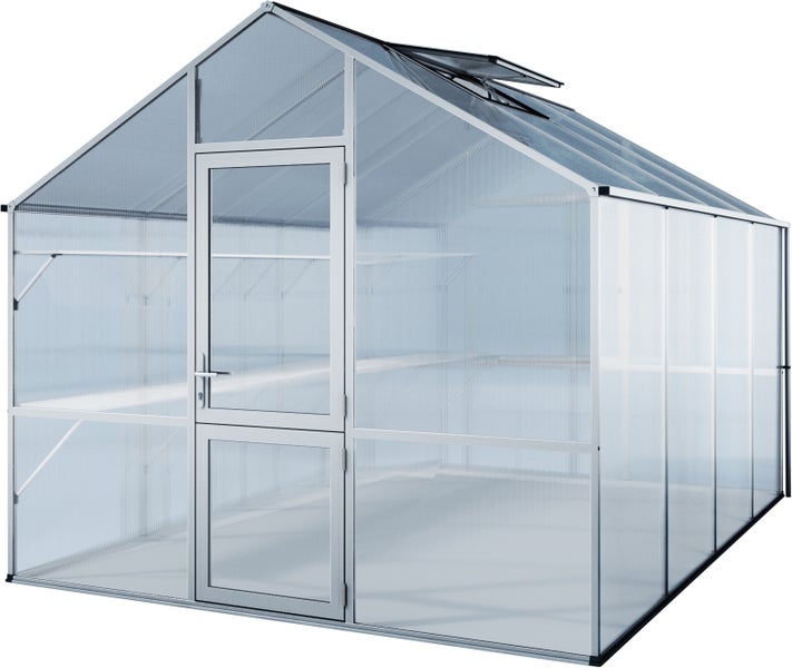 Gewächshaus mit Aluminiumrahmen, Polycarbonat-Hohlkammerplatten, Satteldach, einer Tür und einem geöffneten Dachfenster.