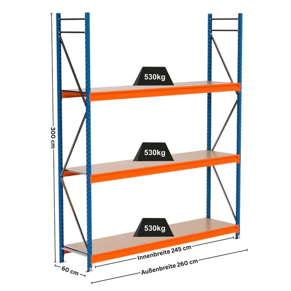 Regal mit drei Ebenen, Traglast 530 Kilogramm pro Ebene, 300 Zentimeter hoch, 260 Zentimeter breit und 60 Zentimeter tief