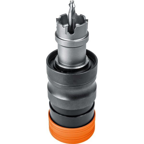 Schweißpunktfräser aus Metall mit Zentrierbohrer und Schnellwechselaufnahme in Silber, Schwarz und Orange.