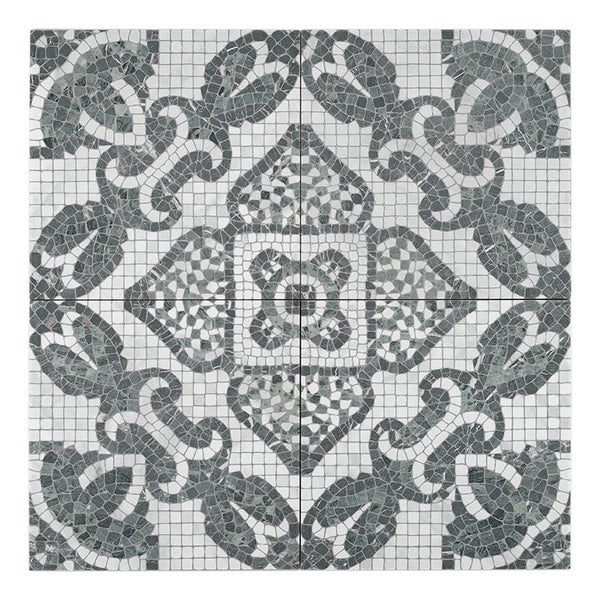 Quadratisches Fliesen Set mit ornamentalen Mosaik Dekor im Vintage Stil aus Feinsteinzeug