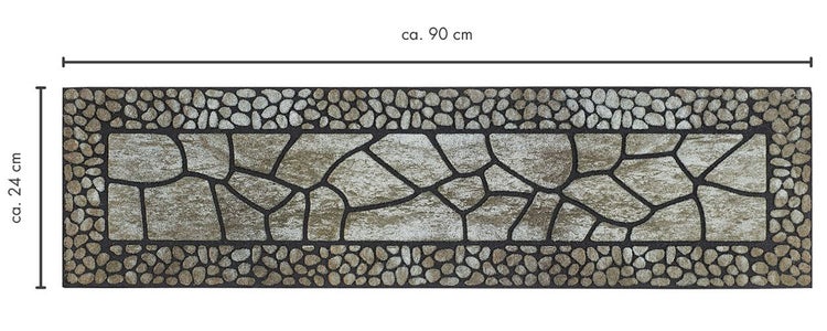Rechteckige Fußmatte mit Steinoptik, circa 90 mal 24 Zentimeter, Muster aus großen und kleinen Steinen.