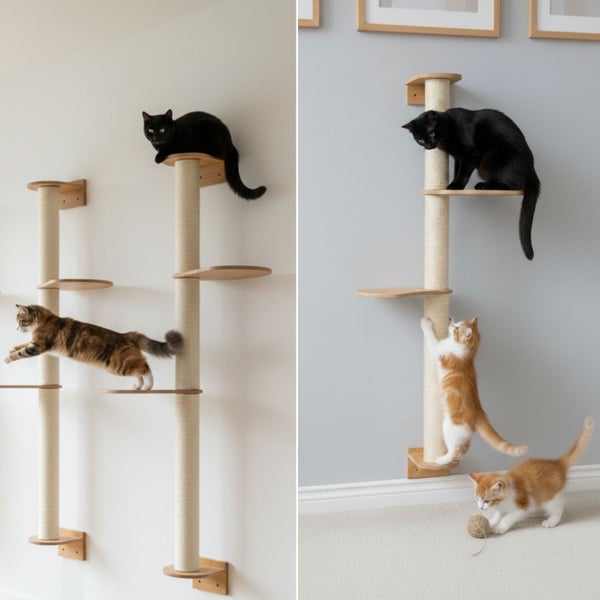 Wandmontierter Katzenkletterbaum mit Sisalstämmen und Holzplattformen zur flexiblen Wandgestaltung für Katzen.