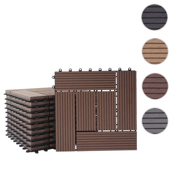 Klickfliesen aus Holz-Kunststoff-Verbundwerkstoff im Stapel mit verschiedenen Farbmustern, geriffelte Oberfläche für Terrasse und Balkon.