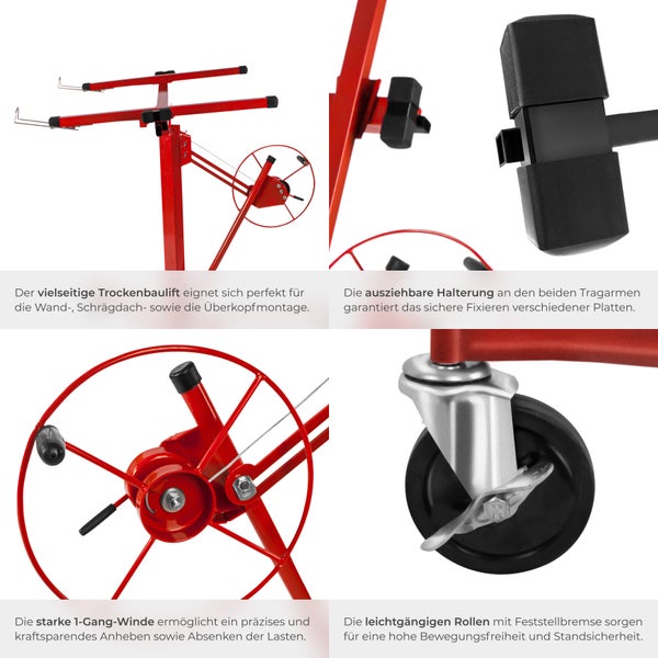 Detailansichten eines Trockenbaulifts mit verschiedenen Funktionen wie Winde, Rollen und Halterungen