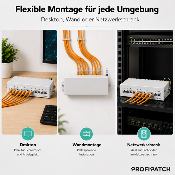 Patchpanel 12-Port Kategorie 6A für Desktop, Wandmontage oder Netzwerkschrank mit Netzwerkkabeln. Profipatch Logo.