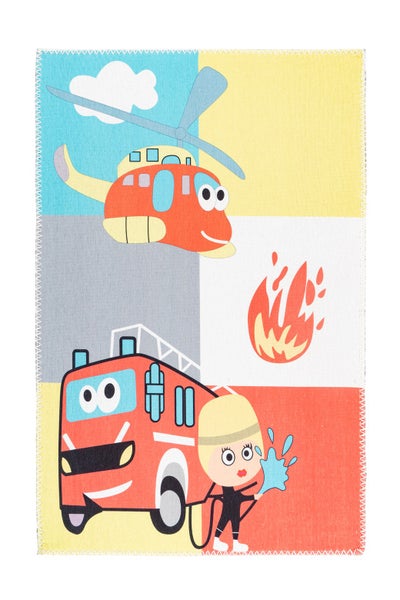 Kinderteppich mit Motiven von Feuerwehr, Hubschrauber und Flammen im Comic-Stil.