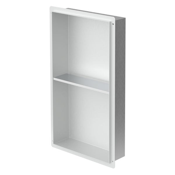 Wandnische aus Edelstahl mit einem Zwischenboden für Dusche oder Badezimmer.