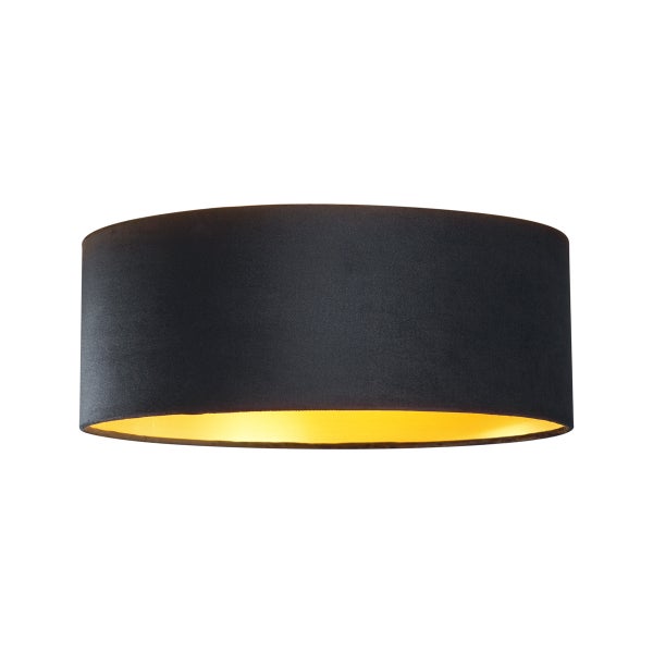 Zylinderförmiger Lampenschirm aus schwarzem Samt mit goldfarbener Innenseite.