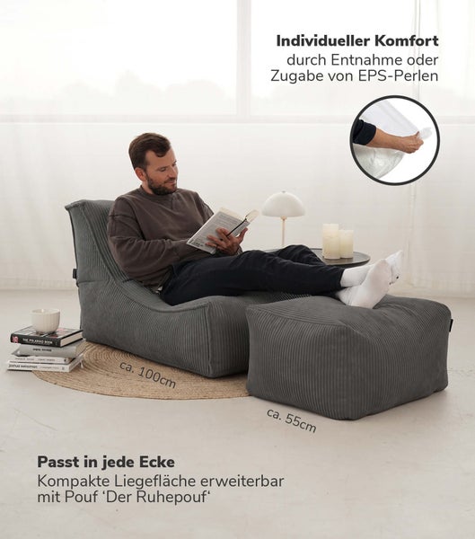 mokebo Sitzsack aus Cord 'Der Gelassene', Bean Bag, Relaxliege oder Bodenkissen in Anthrazit