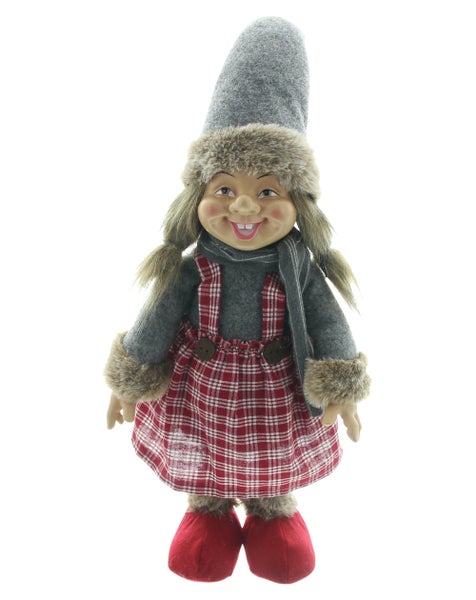 Weihnachtsdeko-Puppe mit kariertem Kleid, Mütze und Schal