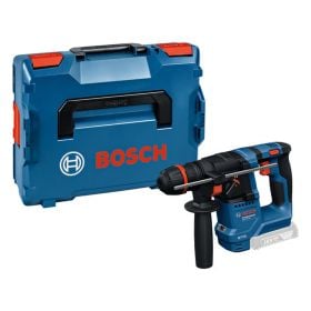 Bosch Akku Bohrhammer mit Zusatzhandgriff und Bosch Logo auf dem Werkzeugkoffer aus Kunststoff
