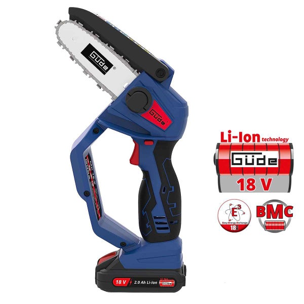 Güde Akku-Astsäge mit 18 Volt Lithium-Ionen Akku, 2,0 Amperestunden, ergonomischem Griff und Kettenschutz.