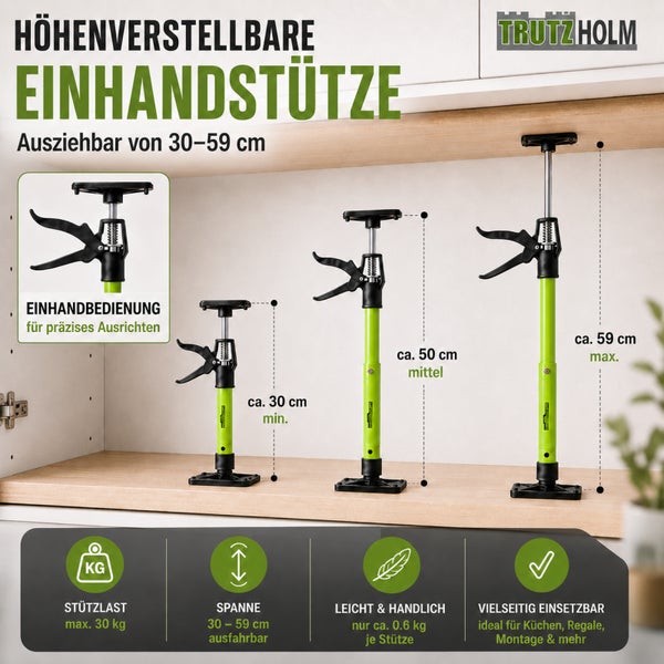 Trutzholm Einhandstütze höhenverstellbar von 30 bis 59 Zentimeter für Montagearbeiten mit einer Traglast von 30 Kilogramm.