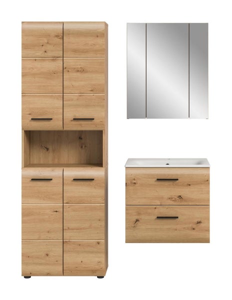 Dreiteiliges Badmöbel-Set in Eichenoptik bestehend aus Hochschrank, Spiegelschrank und Waschbeckenunterschrank mit weißem Waschtisch.