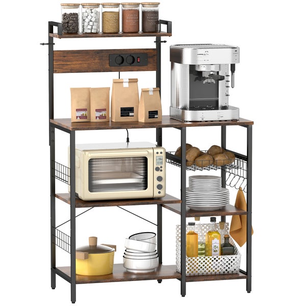 Küchenregal aus Metall und Holzoptik mit Kaffeemaschine, Mikrowelle, Geschirr und Vorratsgläsern im industriellen Stil.