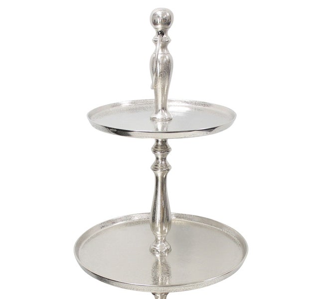 Silberfarbene Etagere aus Metall mit zwei Ebenen und Tragegriff