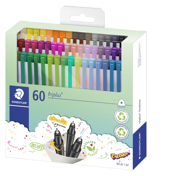 Set mit 60 Staedtler Triplus Finelinern in verschiedenen Farben, ergonomische Dreikantschaft, 0,3 Millimeter Strichbreite, im Kartonetui.