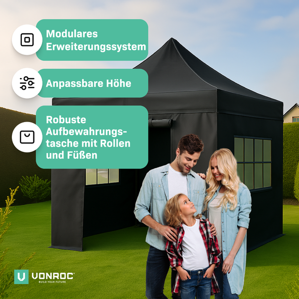 VONROC Pavillon 3x3m wasserdicht stabil - Partyzelt EasyUp System [3Min Aufbau] Popup Faltpavillon modular erweiterbar als Festival Zelt, Gartenpavillon