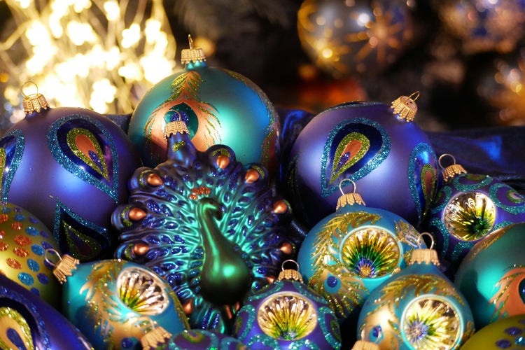 Glaskugelsortiment Elegante Weihnacht mit 8 Kugeln 8cm und 1 Pfau-Figur 11cm, 9 Stck., Weihnachtsbaumkugeln, Christbaumschmuck, Weihnachtsbaumanhänger