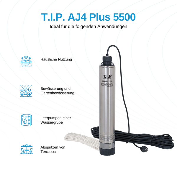 Ein Mann präsentiert die TIP AJ4 Plus Brunnenpumpe aus Edelstahl. WASSERPUMPE.DE Logo.