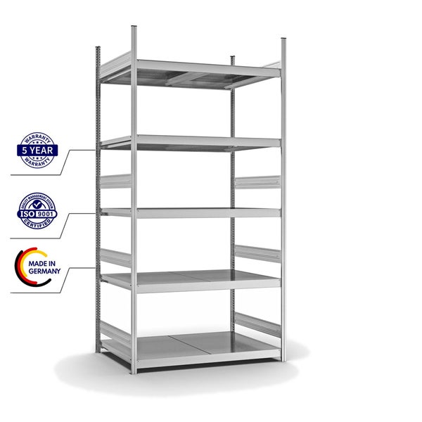 PROREGAL Weitspannregal Stecksystem T-Profil Grundregal HxBxT 300x150x80 cm 5 Ebenen Stahlplatten Fachboden Fachlast 350 kg Verzinkt