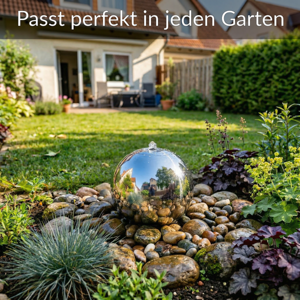 Kugelbrunnen aus glänzendem Edelstahl auf Flusssteinen in einem sonnigen Garten mit Rasenfläche und Pflanzen.