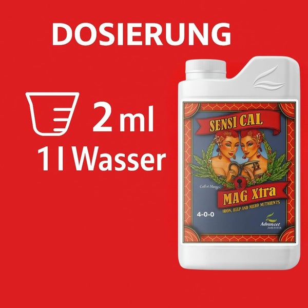 Dosierungsempfehlung für Sensi Cal Mag Xtra von Advanced Nutrients: 2 Milliliter auf 1 Liter Wasser.