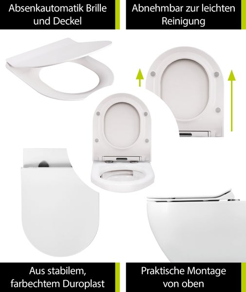 aquaSu® Wand WC Spülrandlos 2.0, innovative Swirl Spültechnik, Spritzfrei & leise, Umweltfreundlich, Wasserzulauf seitlich, WC-Set Tondo, WC-Sitz mit Absenkautomatik, Duroplast Weiß, 049979