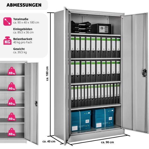 Aktenschrank tectake  180 x 90 x 40 cm aus pulverbeschichtetem Stahl grau