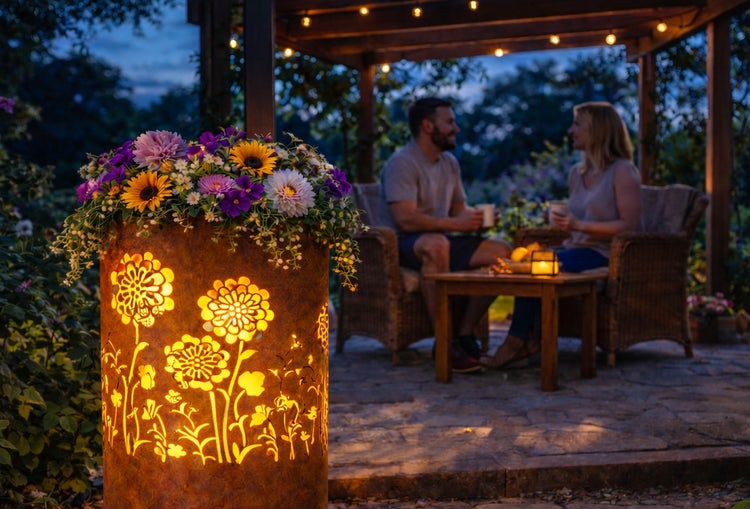 Gartenambiente mit beleuchteter Pflanzsäule, Blumen und sitzendem Paar