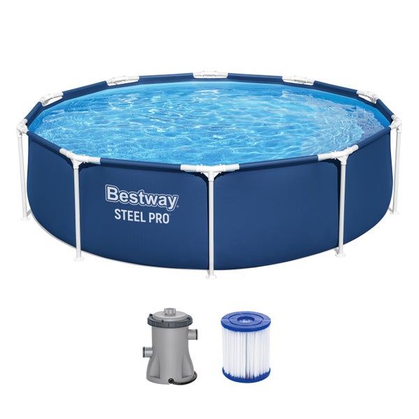 Bestway Steel Pro runder Rahmenpool inklusive Filterpumpe und Filterkartusche.