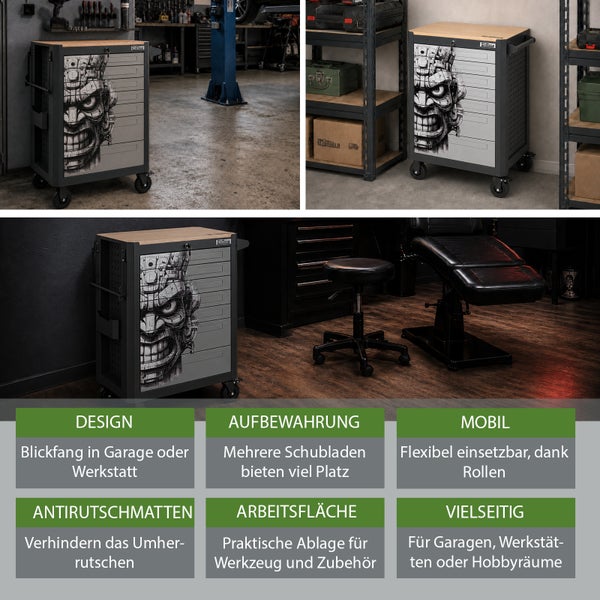 Werkstattwagen von Trutzholm mit Schubladen, Holzoberfläche, Rollen und auffälligem Motivaufdruck für die Werkstatt oder Garage.