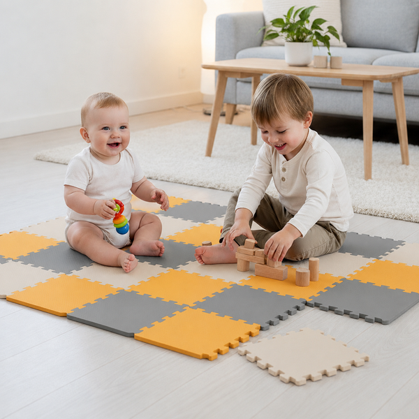 Zwei Kinder spielen auf einer modularen Schaumstoffmatte im Puzzle Design in einem hellen Wohnzimmer.