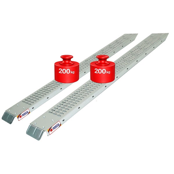 Zwei Auffahrrampen aus verzinktem Stahl mit gelochter Oberfläche und Proregal Logo, belastbar bis 200 Kilogramm pro Stück.