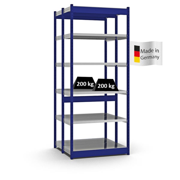 PROREGAL Fachbodenregal Stecksystem Vierkant-Profil Grundregal HxBxT 250 x 102,5 x 40 cm 2x6 Ebenen Doppelseitige Bauart Fachlast 200 kg Enzianblau