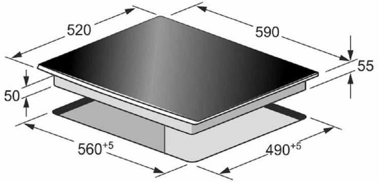 Maßzeichnung eines Einbaukochfelds mit Angaben der Produktabmessungen und Einbaumaße in Millimeter.