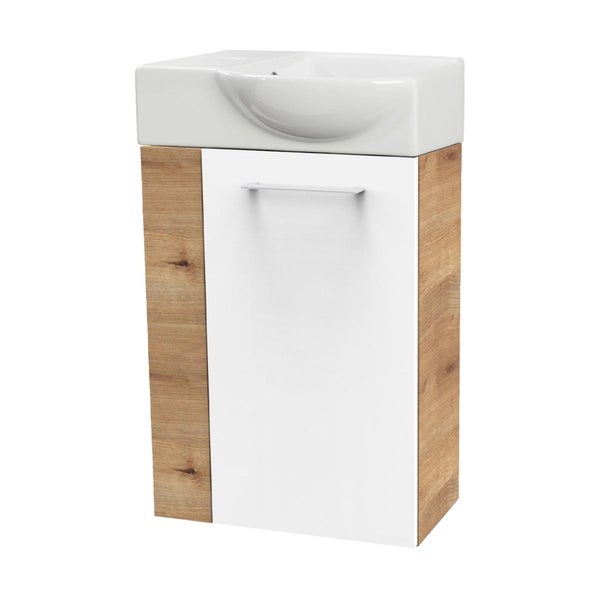 Fackelmann MILANO Gäste-WC Set 2 Teile – Waschtischunterschrank in Weiß mit Holz Braun mit Waschbecken aus Keramik – SBC Waschbeckenunterschrank schmal – Tür rechts – Hahnloch links – 45 cm breit
