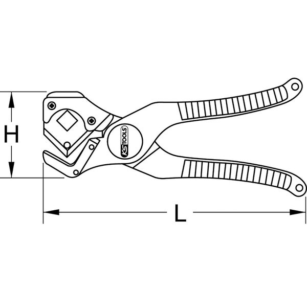 Technische Zeichnung einer Rohrschere mit KS Tools Logo sowie Maßangaben für die Gesamtlänge und die Kopfhöhe.